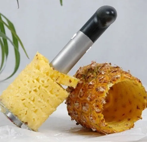 Stainless steel pineapple corer-slicer with black ABS handle, 18cm height, on white background