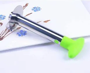 Stainless steel pineapple corer-slicer with black ABS handle, 18cm height, on white background