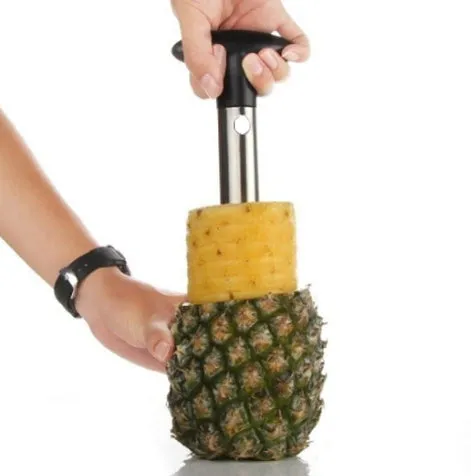 Stainless steel pineapple corer-slicer with black ABS handle, 18cm height, on white background