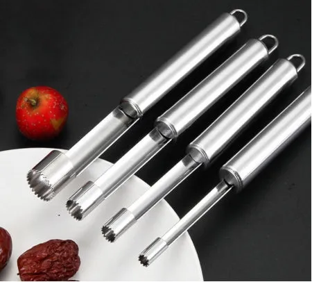 Stainless steel pineapple corer-slicer with black ABS handle, 18cm height, on white background