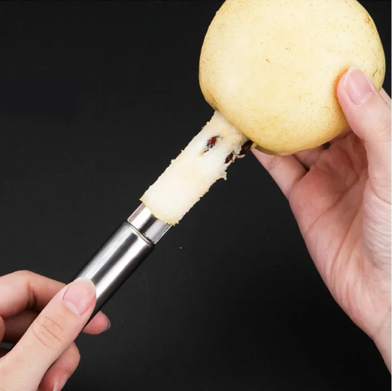 Stainless steel pineapple corer-slicer with black ABS handle, 18cm height, on white background
