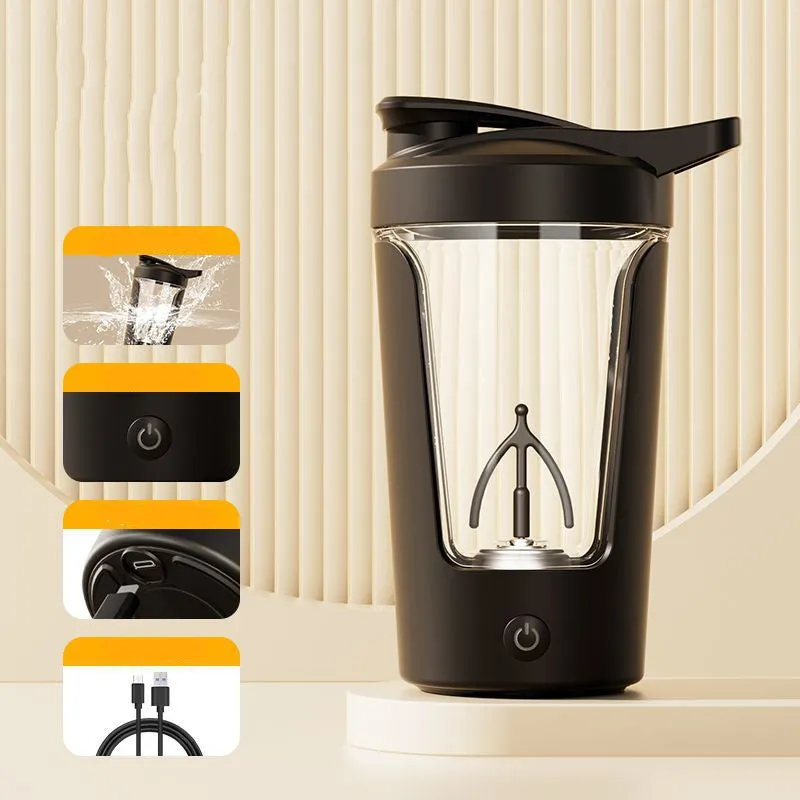 Electric protein shaker bottle 400ml 14oz with black body and white lid, USB charging port visible
