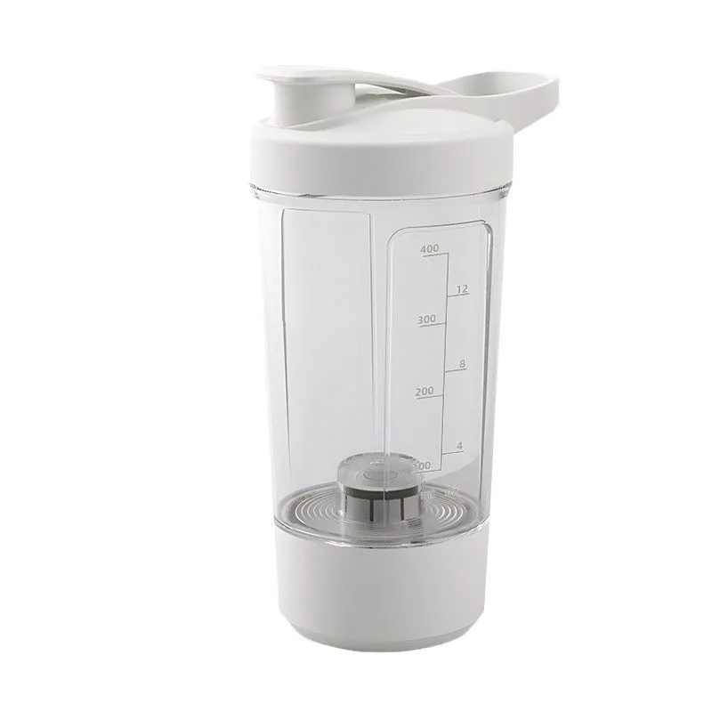 Electric protein shaker bottle 400ml 14oz with black body and white lid, USB charging port visible