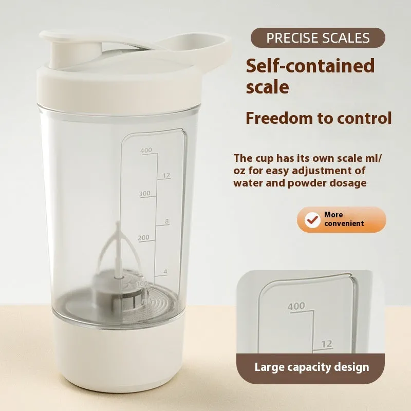 Electric protein shaker bottle 400ml 14oz with black body and white lid, USB charging port visible