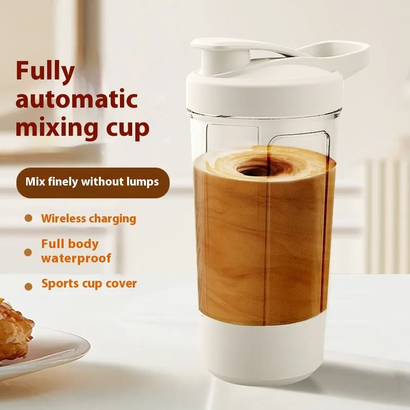 Electric protein shaker bottle 400ml 14oz with black body and white lid, USB charging port visible
