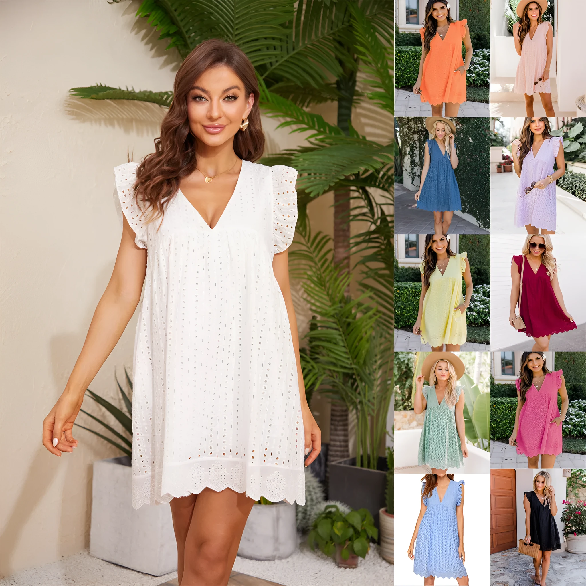 Sleeveless V-neck lace beach dress with jacquard cutout and pocket, cotton polyester blend, A-line silhouette