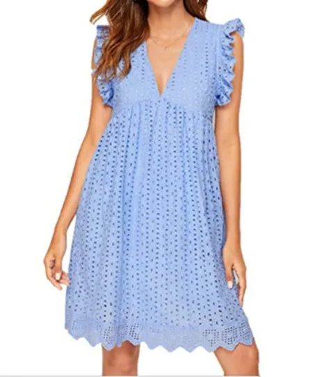 Sleeveless V-neck lace beach dress with jacquard cutout and pocket, cotton polyester blend, A-line silhouette