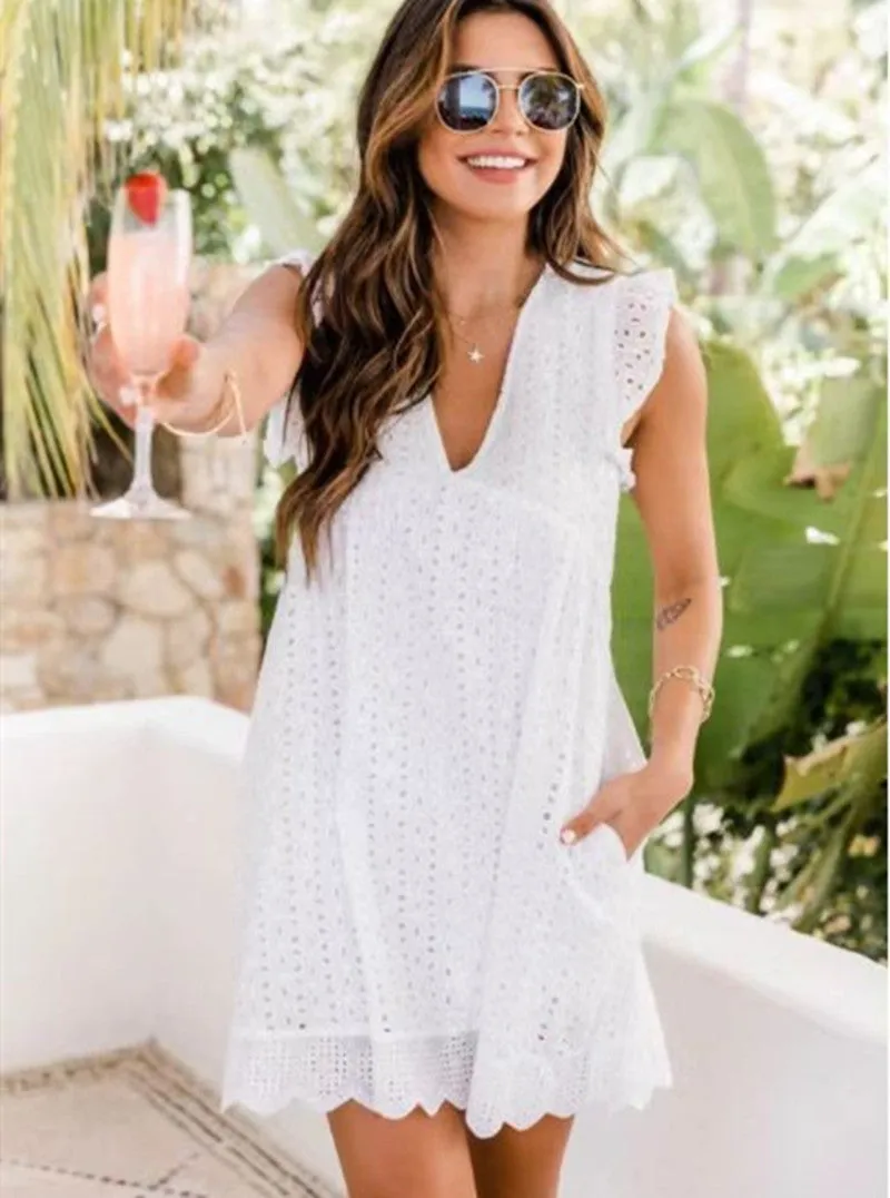 Sleeveless V-neck lace beach dress with jacquard cutout and pocket, cotton polyester blend, A-line silhouette