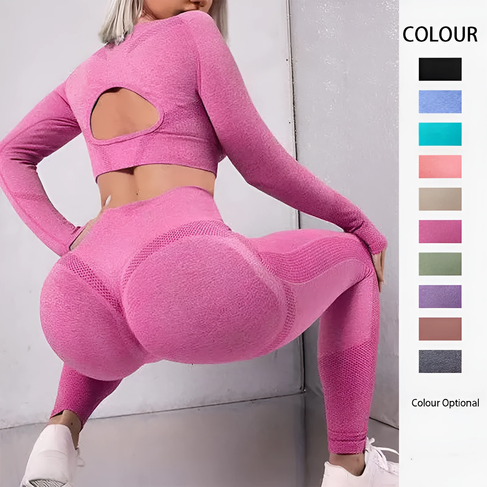 Women's 2-piece sports suit with long sleeve hollow design top and high waist seamless leggings in army green
