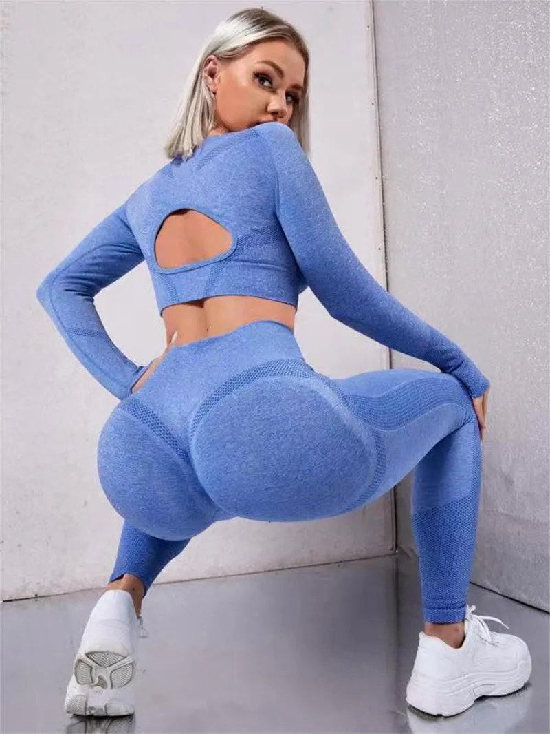 Women's 2-piece sports suit with long sleeve hollow design top and high waist seamless leggings in army green