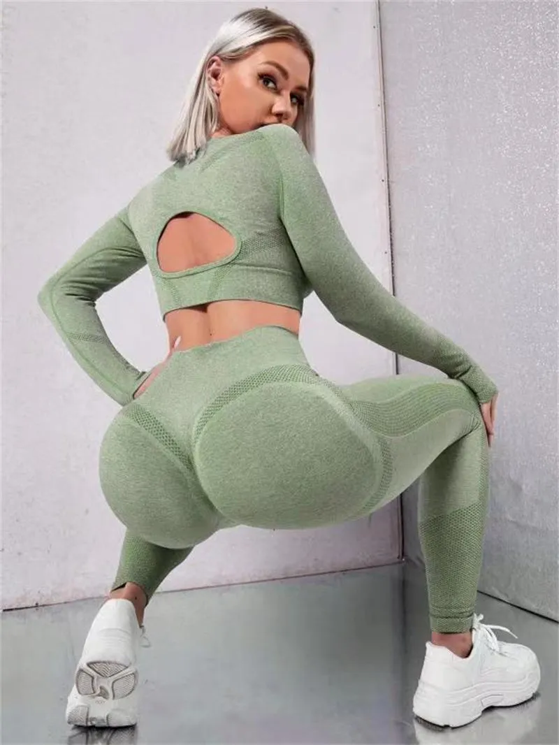 Women's 2-piece sports suit with long sleeve hollow design top and high waist seamless leggings in army green
