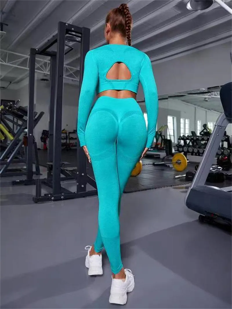 Women's 2-piece sports suit with long sleeve hollow design top and high waist seamless leggings in army green