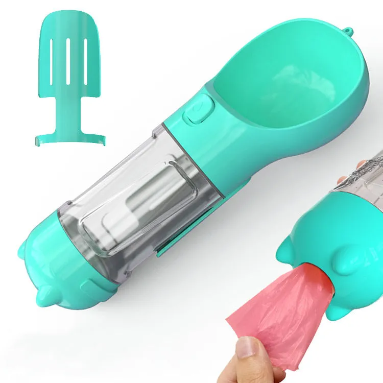 Portable 3 in 1 dog water bottle 500ml leak proof with treat holder and poop bag dispenser