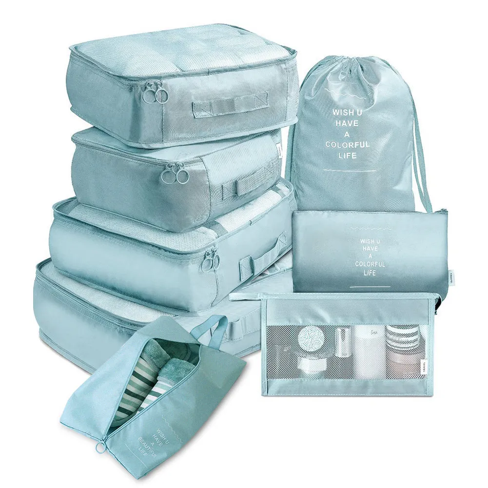 8-piece set of nylon packing cubes in various colours for travel storage of clothes, shoes, and toiletries