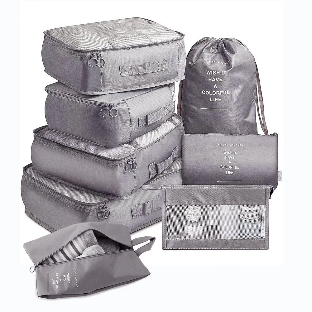 8-piece set of nylon packing cubes in various colours for travel storage of clothes, shoes, and toiletries