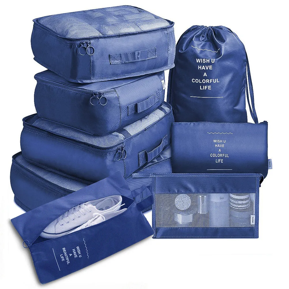 8-piece set of nylon packing cubes in various colours for travel storage of clothes, shoes, and toiletries