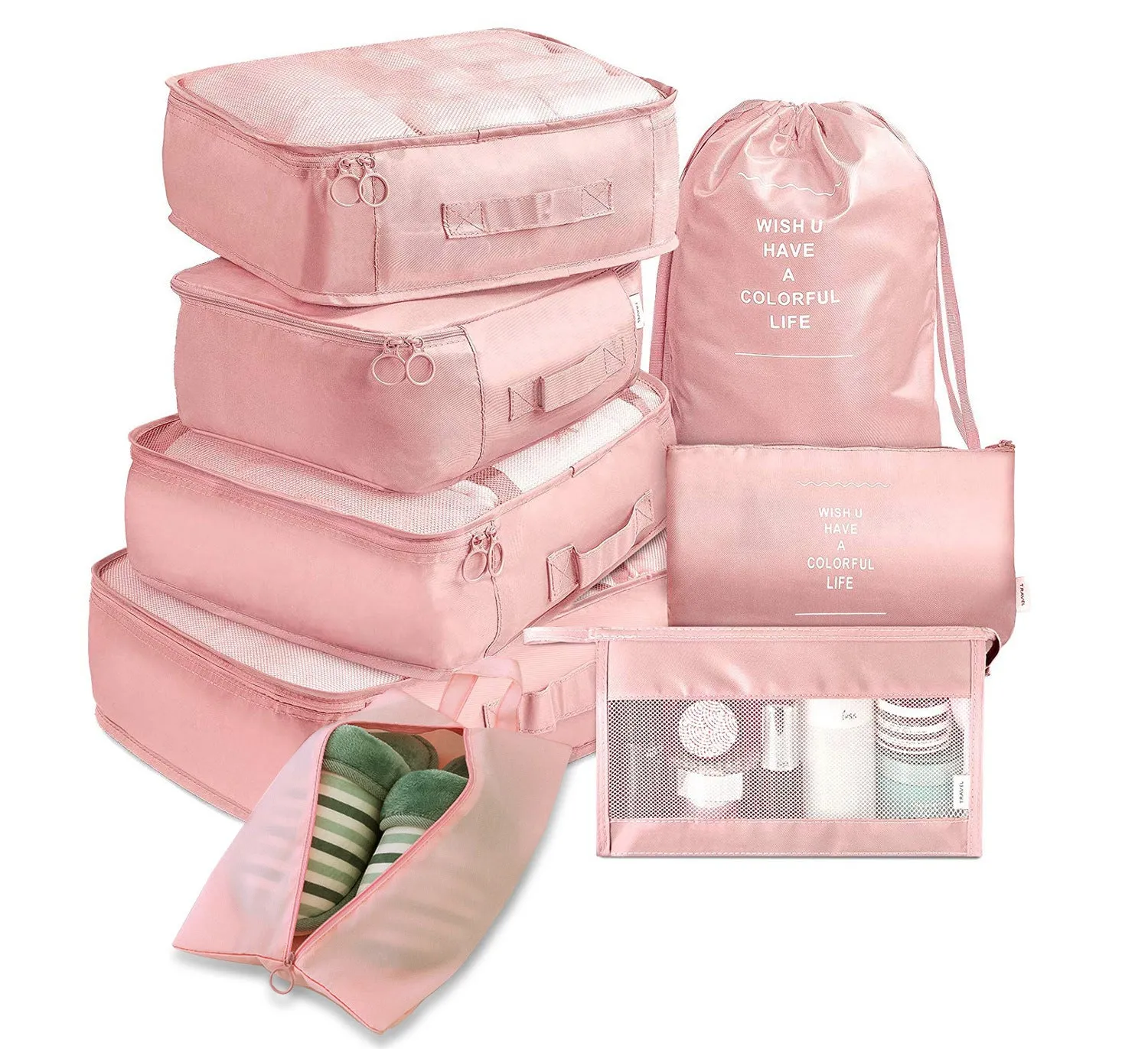 8-piece set of nylon packing cubes in various colours for travel storage of clothes, shoes, and toiletries