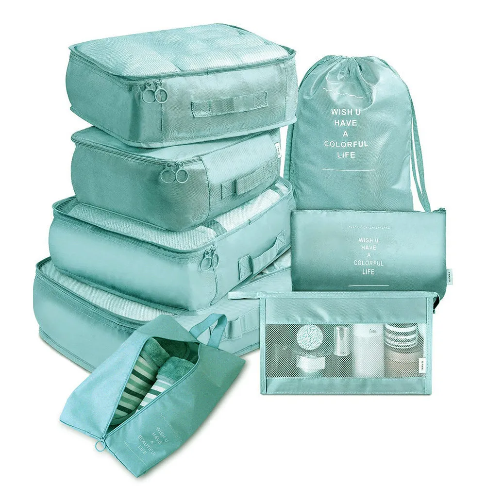 8-piece set of nylon packing cubes in various colours for travel storage of clothes, shoes, and toiletries