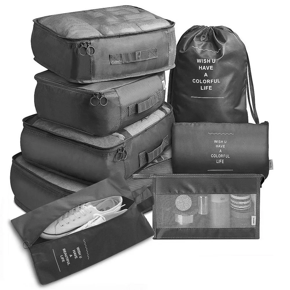 8-piece set of nylon packing cubes in various colours for travel storage of clothes, shoes, and toiletries