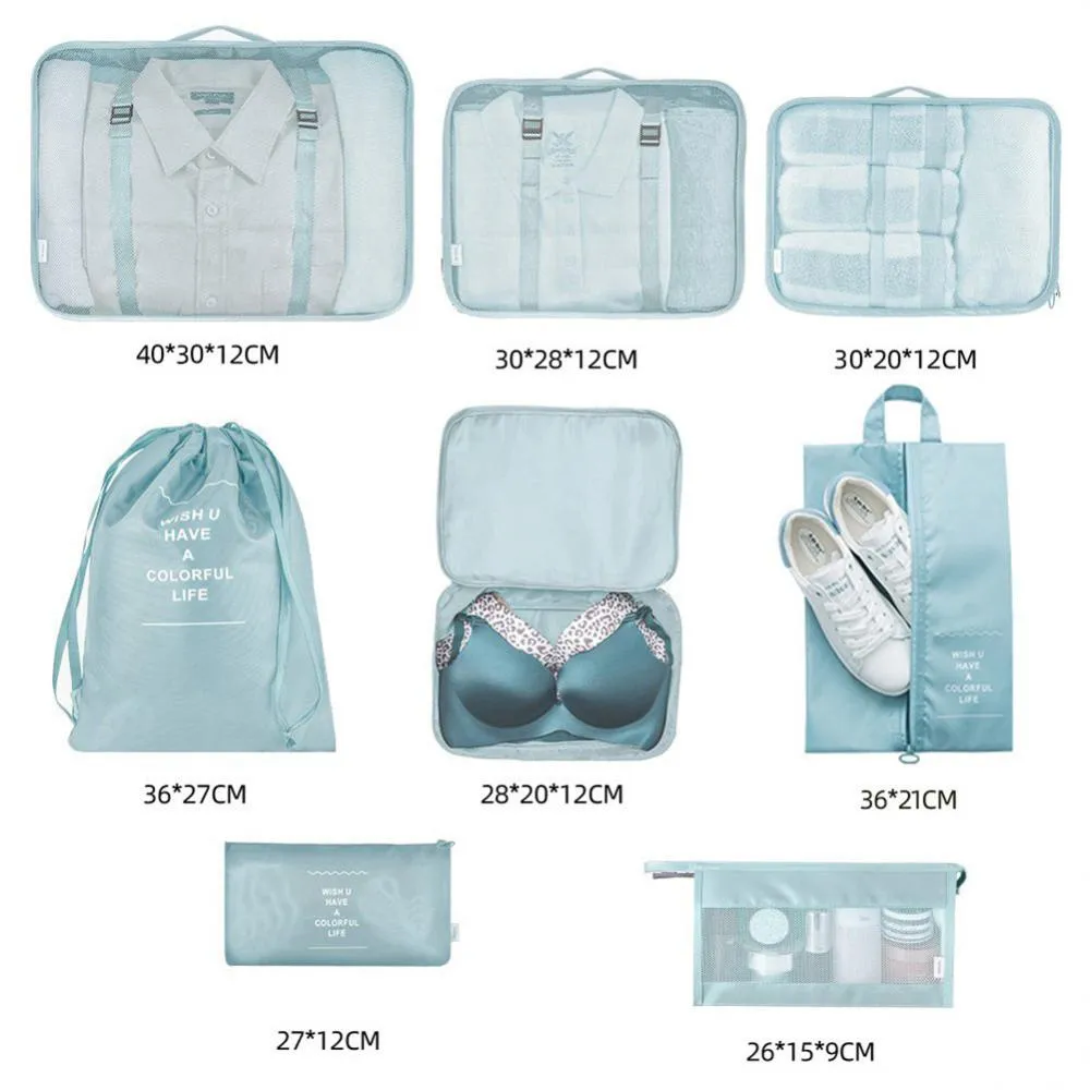 8-piece set of nylon packing cubes in various colours for travel storage of clothes, shoes, and toiletries