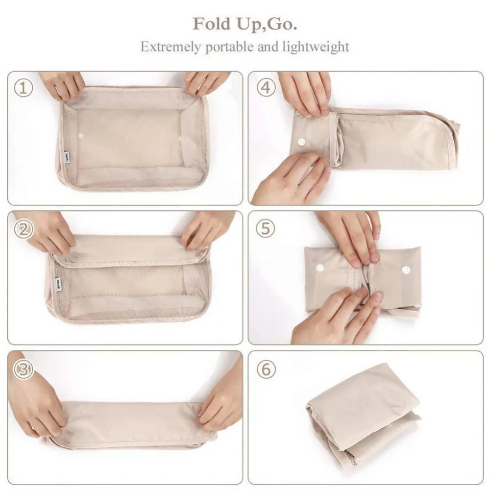 8-piece set of nylon packing cubes in various colours for travel storage of clothes, shoes, and toiletries