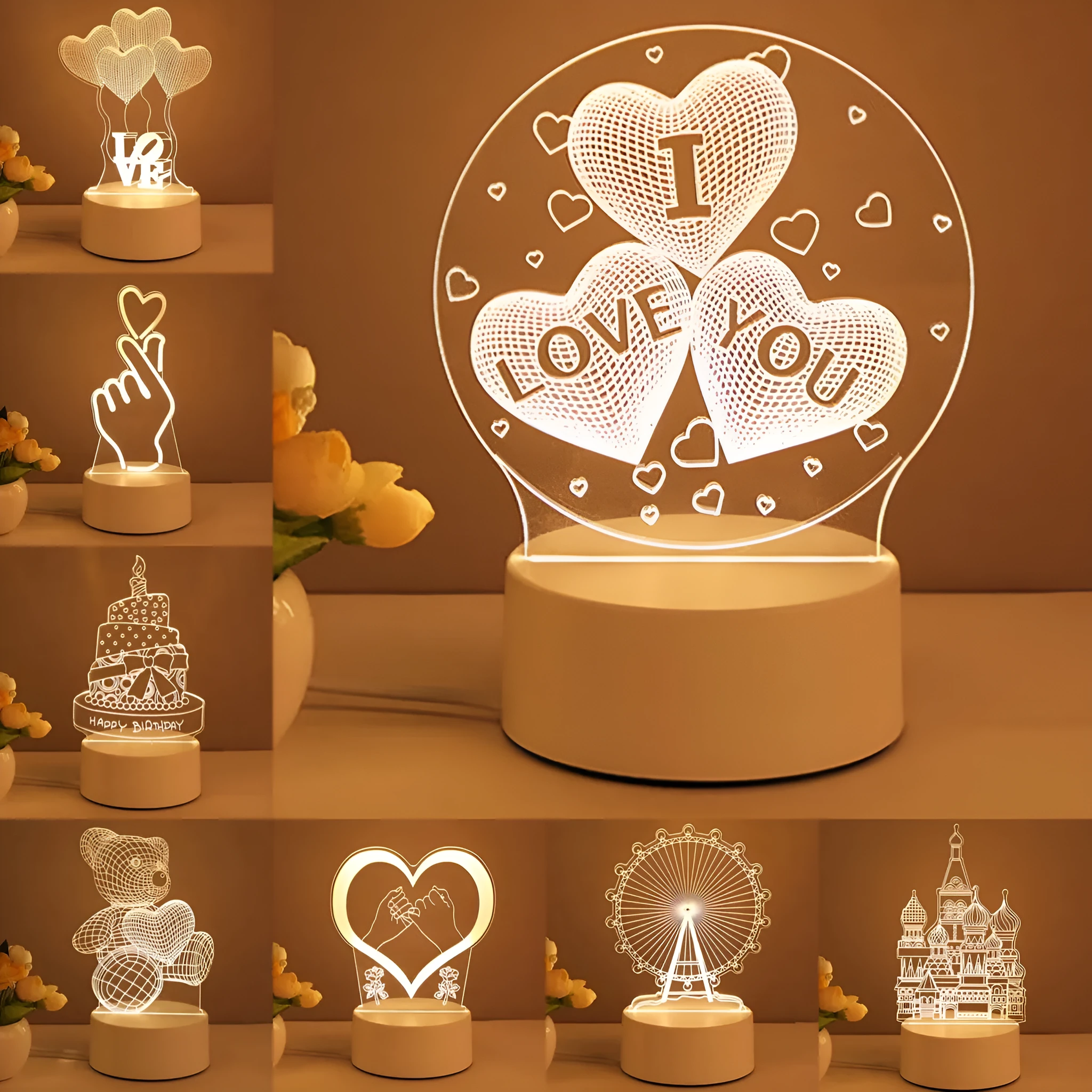 3D acrylic USB LED night light with unicorn design and warm white projection on a desk