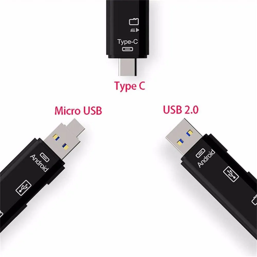 Black and white Type C to Micro USB OTG hub adapter with TF card reader slot
