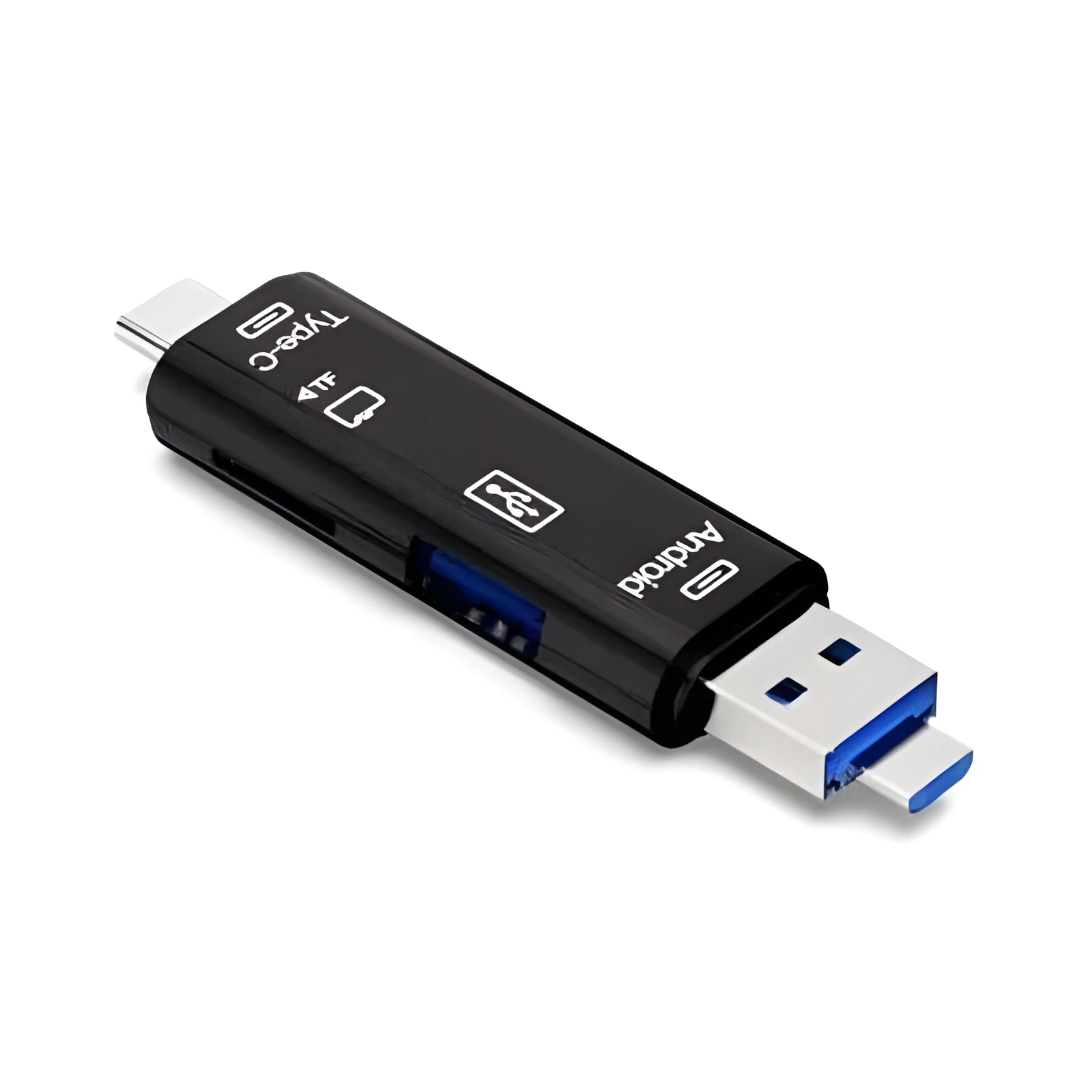 Black and white Type C to Micro USB OTG hub adapter with TF card reader slot