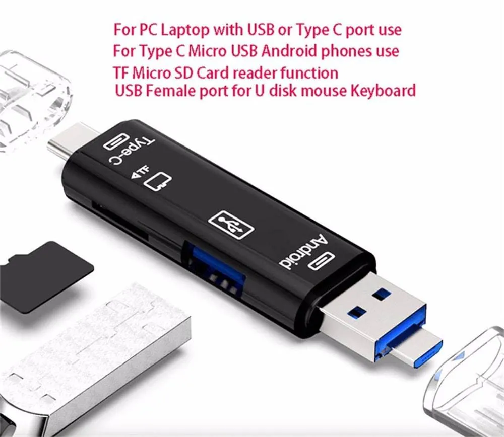 Black and white Type C to Micro USB OTG hub adapter with TF card reader slot