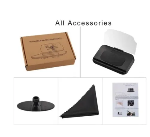 Car navigation bracket with hard tempered glass display and suction cup magnet for smartphone head-up display