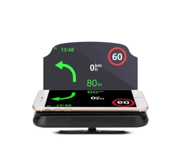 Car navigation bracket with hard tempered glass display and suction cup magnet for smartphone head-up display