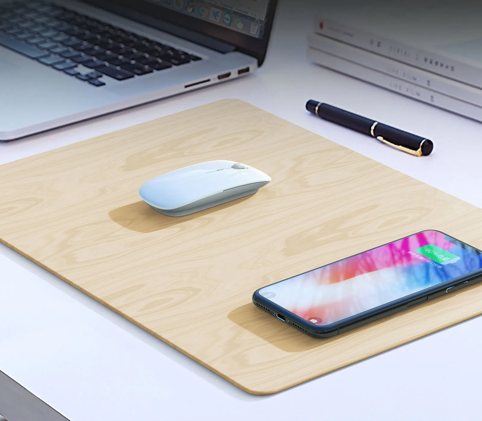 Wireless charger mouse pad in black with USB cable for Android Apple and Xiaomi phone fast charging