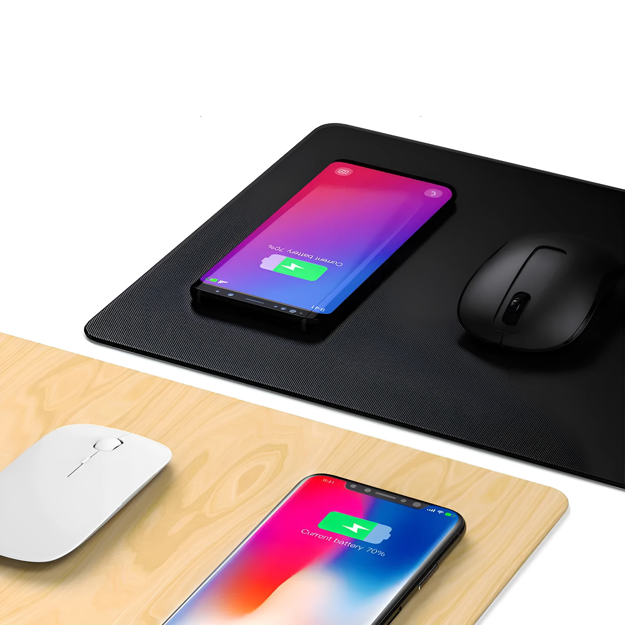 Wireless charger mouse pad in black with USB cable for Android Apple and Xiaomi phone fast charging