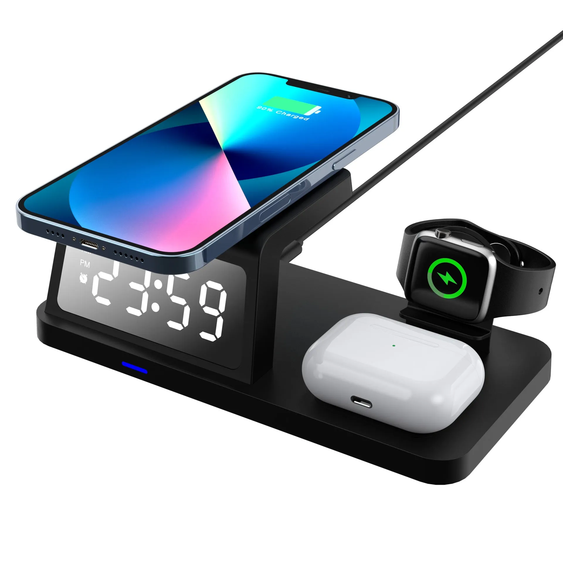 Four-in-one clock wireless charger in white with Type-C input, showing clock display and charging pad