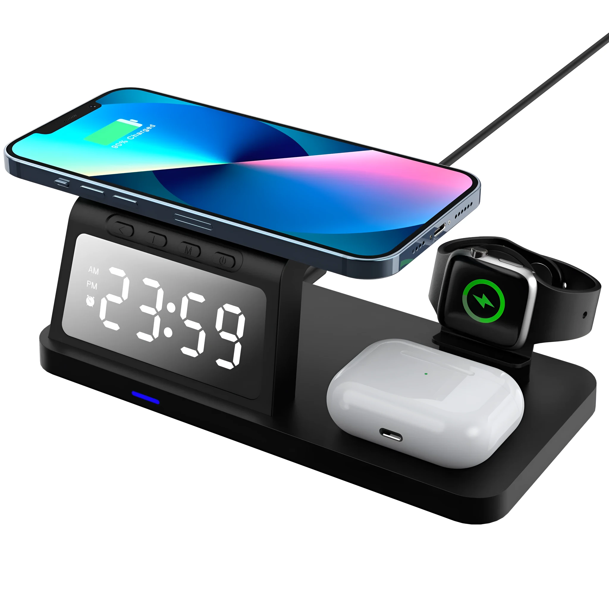 Four-in-one clock wireless charger in white with Type-C input, showing clock display and charging pad