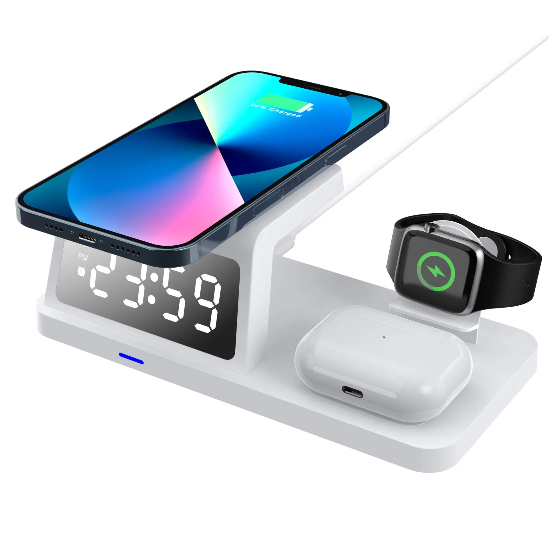 Four-in-one clock wireless charger in white with Type-C input, showing clock display and charging pad