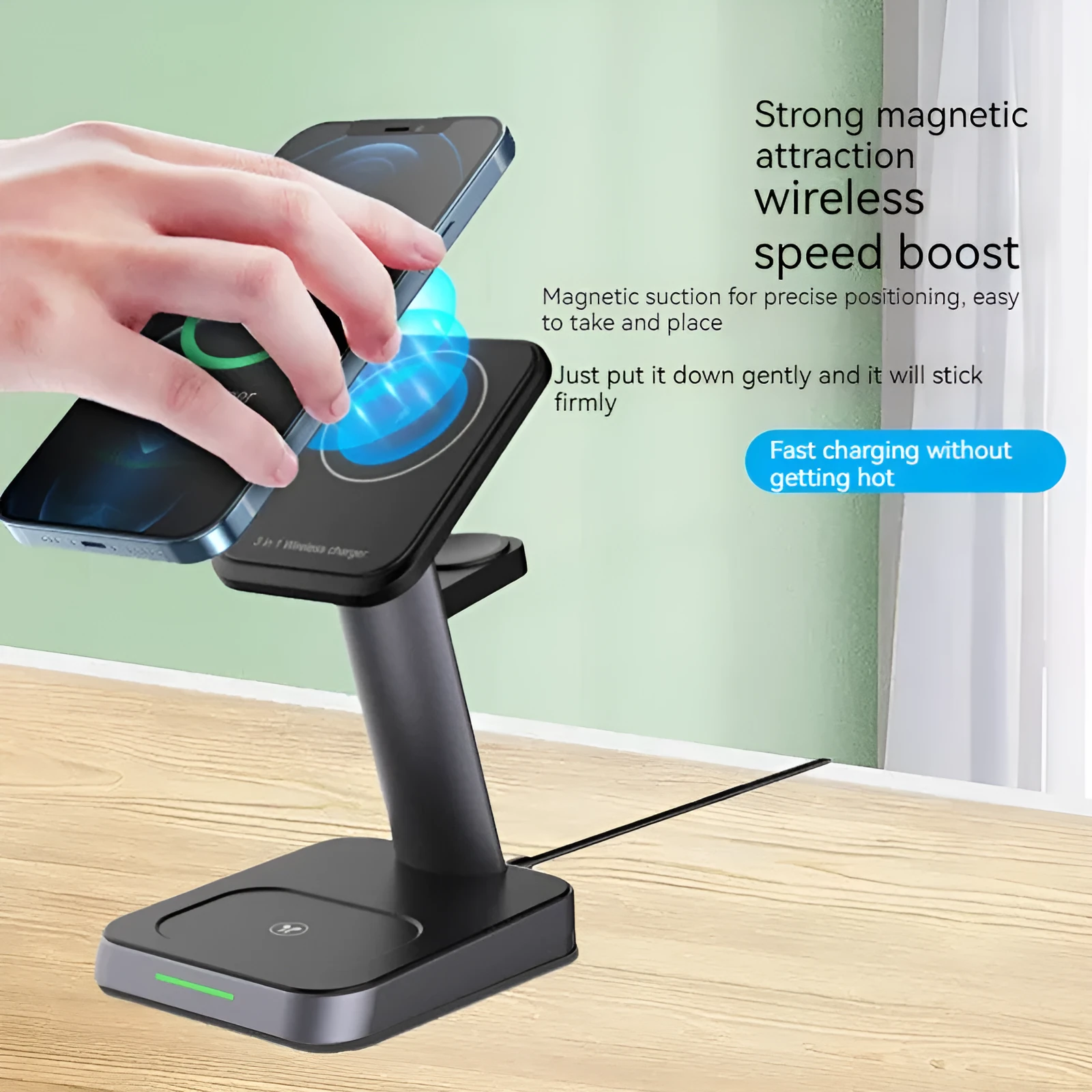 Black cube-shaped wireless charging station with vertical phone slot and multiple charging pads
