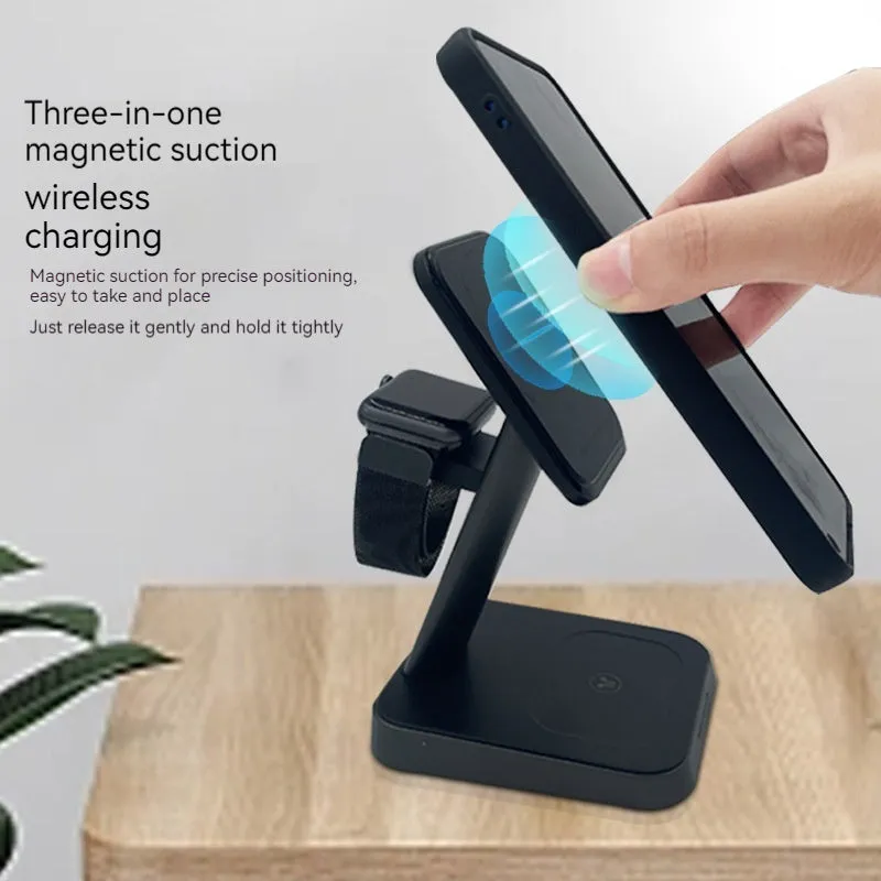 Black cube-shaped wireless charging station with vertical phone slot and multiple charging pads