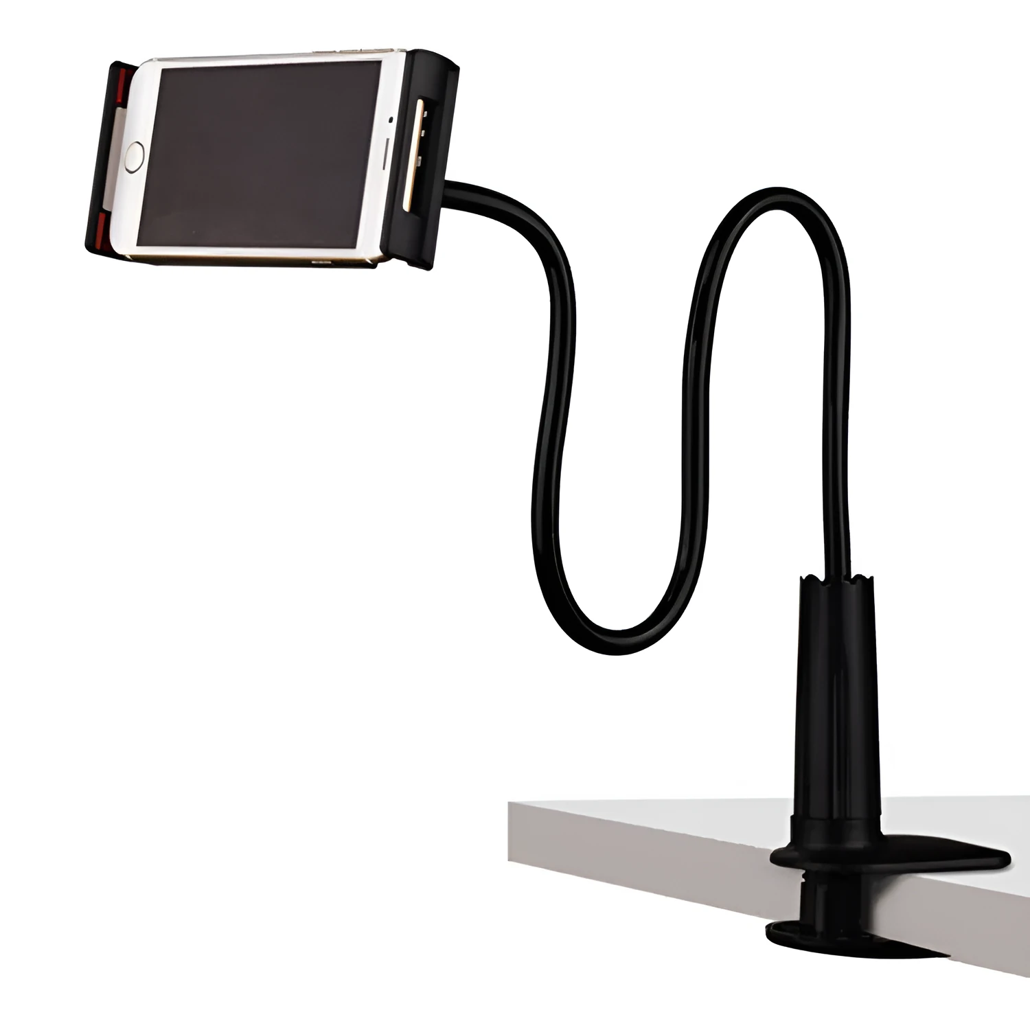 Mobile phone holder with flexible aluminium-magnesium alloy arm on a desk
