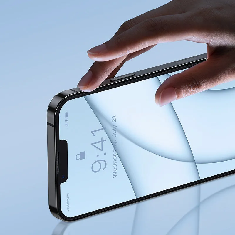 Transparent tempered glass screen protector for iPhone 13 5.4 inch model with cleaning bag and fitting artefact