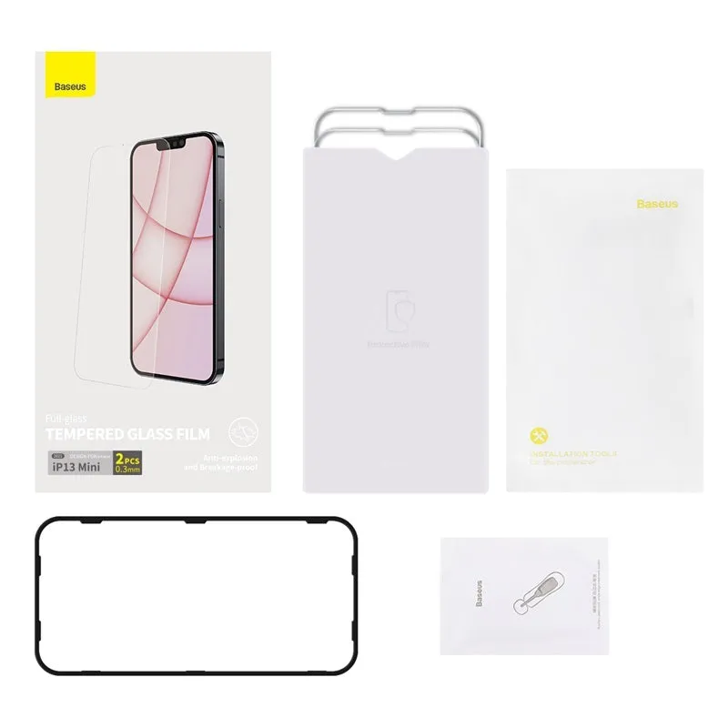 Transparent tempered glass screen protector for iPhone 13 5.4 inch model with cleaning bag and fitting artefact