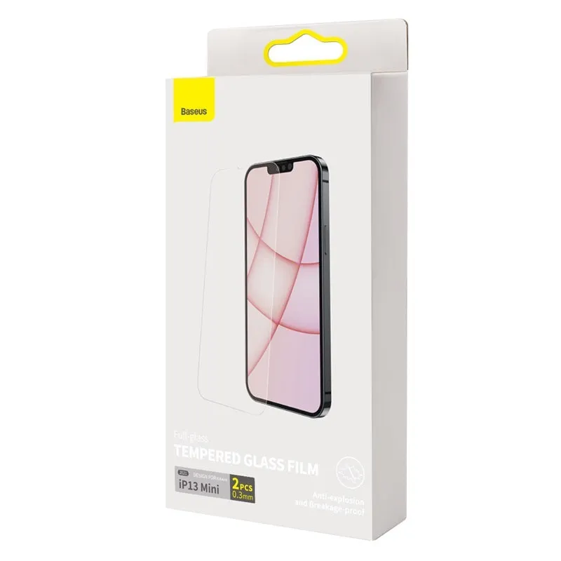 Transparent tempered glass screen protector for iPhone 13 5.4 inch model with cleaning bag and fitting artefact