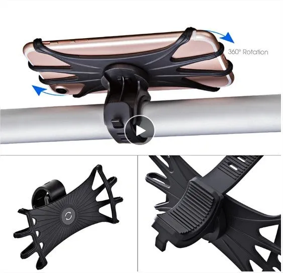 VUP Bicycle Stand Phone Holder Black with silicone strap and 360 degree rotation on a handlebar