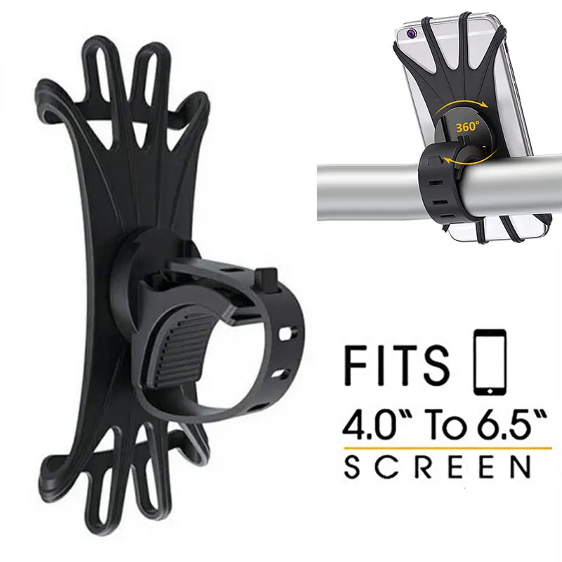 VUP Bicycle Stand Phone Holder Black with silicone strap and 360 degree rotation on a handlebar