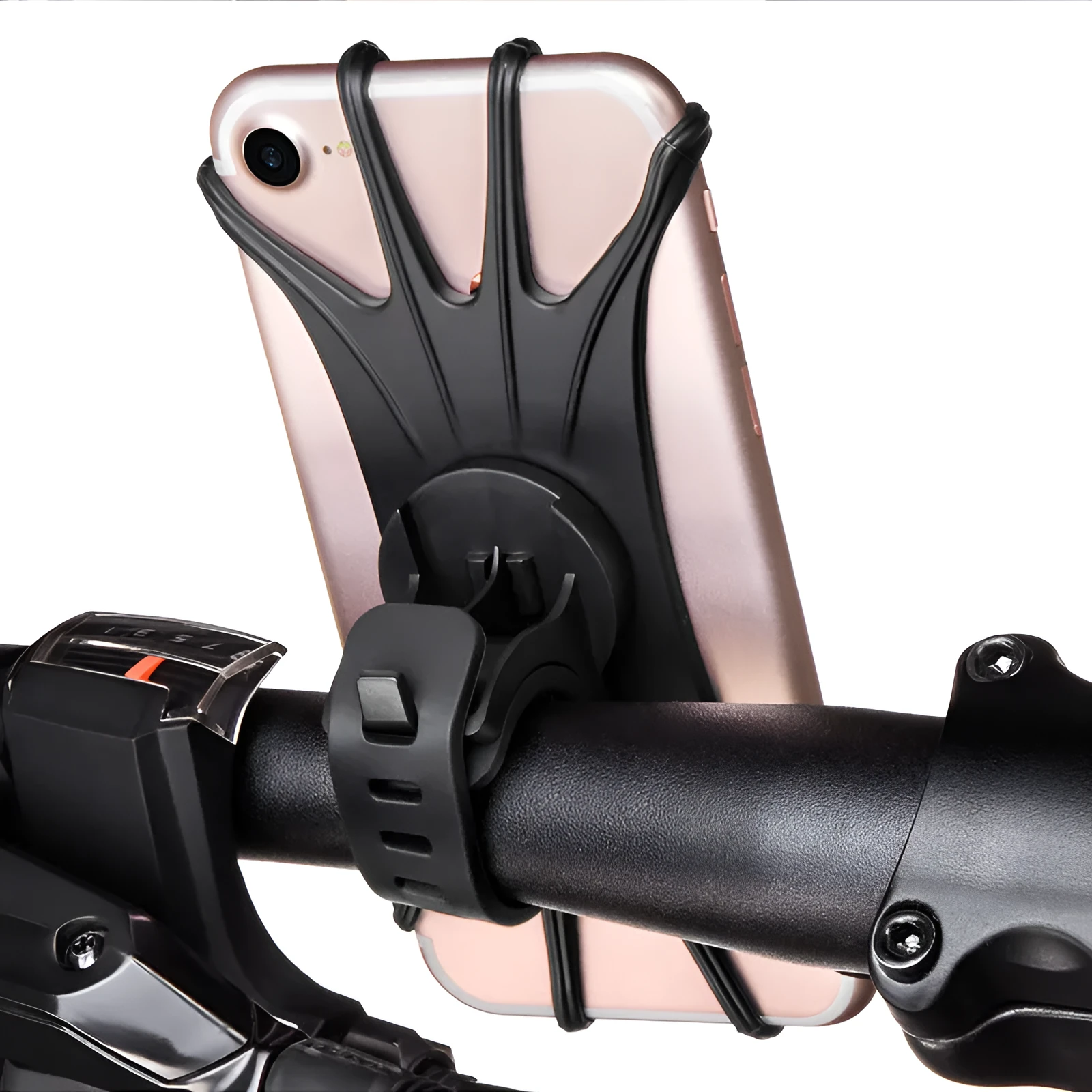 VUP Bicycle Stand Phone Holder Black with silicone strap and 360 degree rotation on a handlebar
