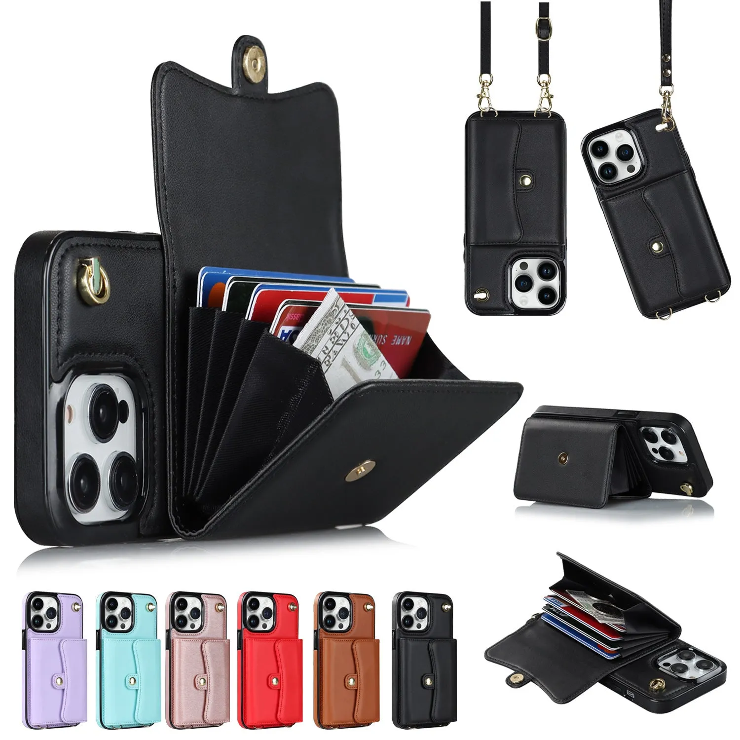 Handmade lambskin crossbody card holder phone case with bracket and lanyard for Apple iPhone, black colour