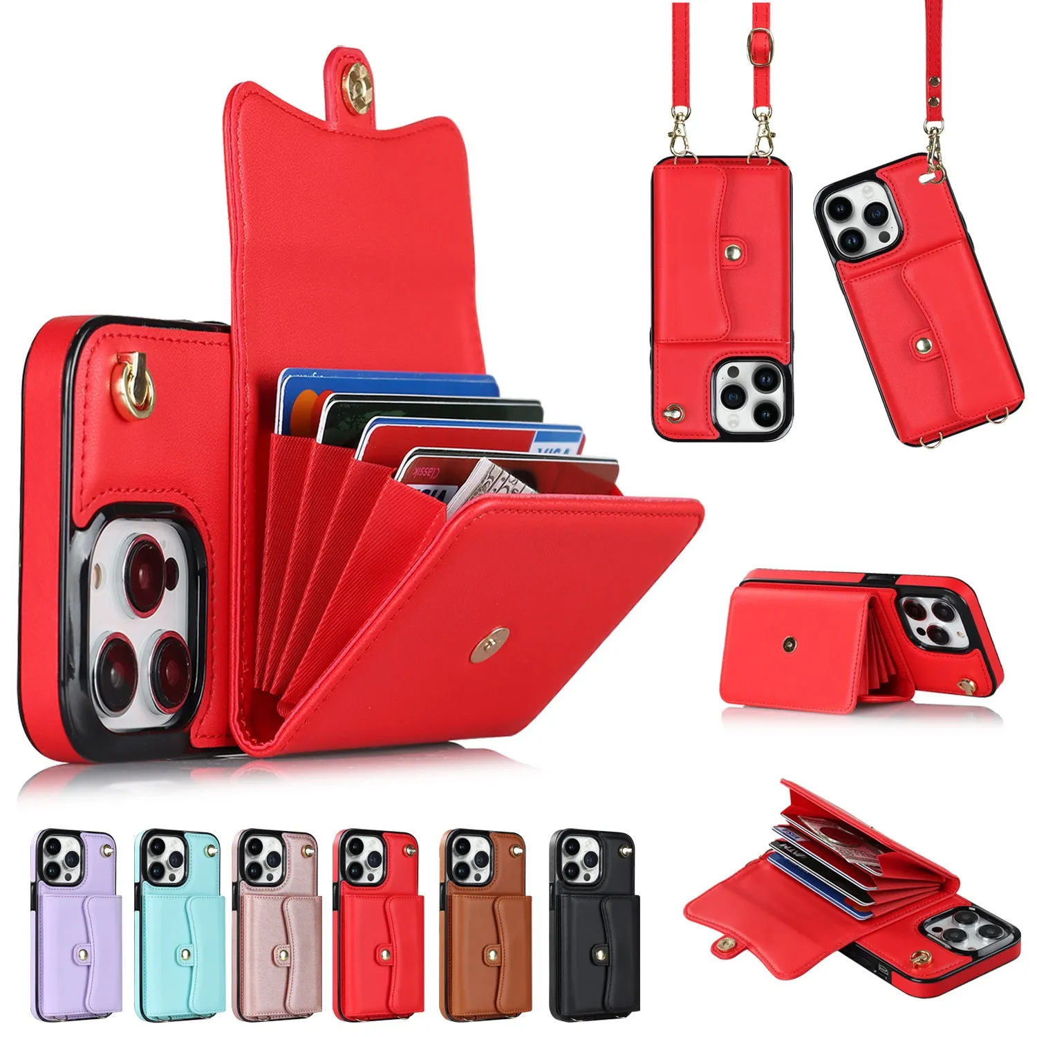 Handmade lambskin crossbody card holder phone case with bracket and lanyard for Apple iPhone, black colour