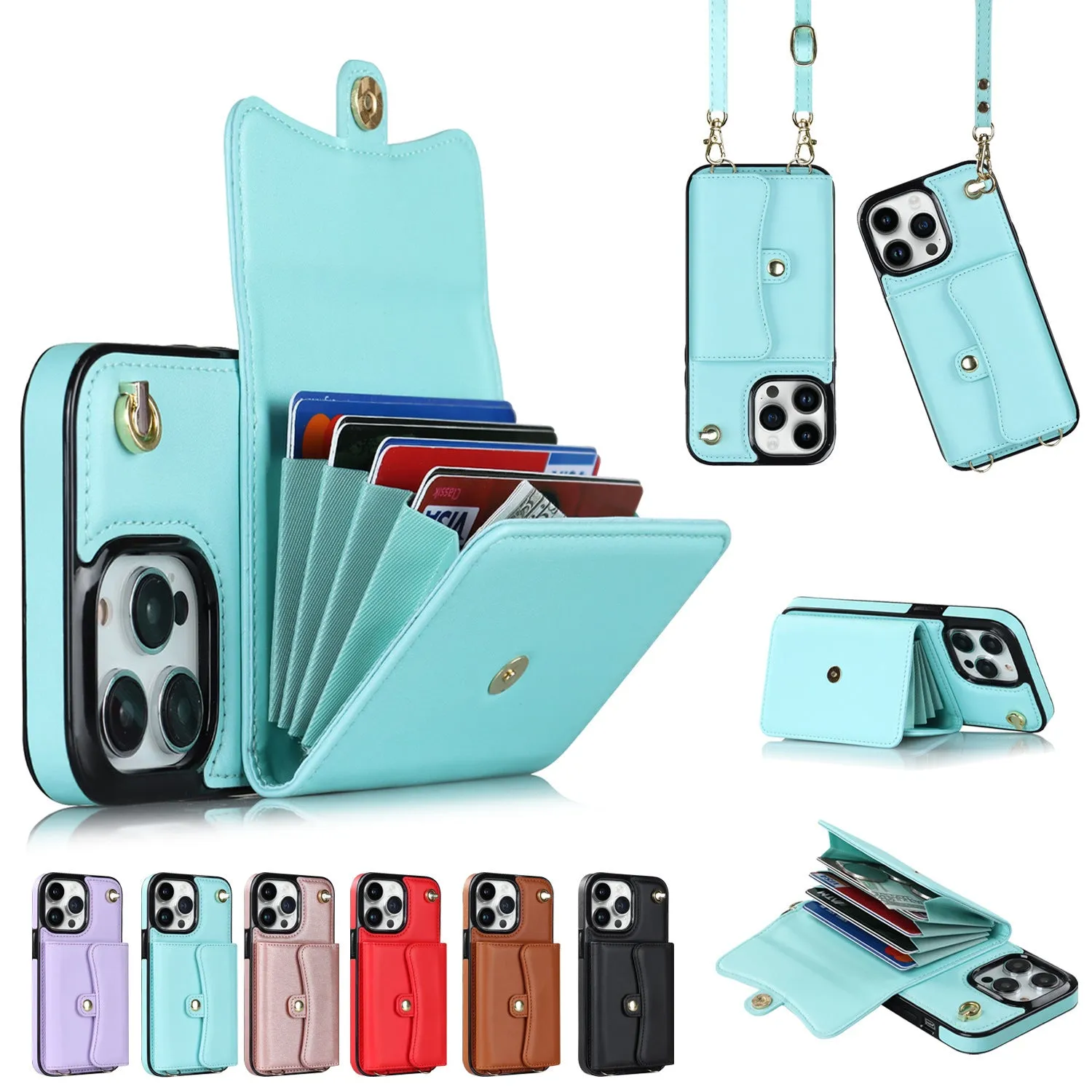 Handmade lambskin crossbody card holder phone case with bracket and lanyard for Apple iPhone, black colour