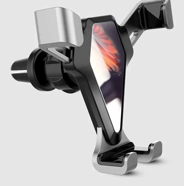 Universal smartphone car air vent mount in Elegant Black with silicone steel core and alloy structure, clipped to a vehicle air vent