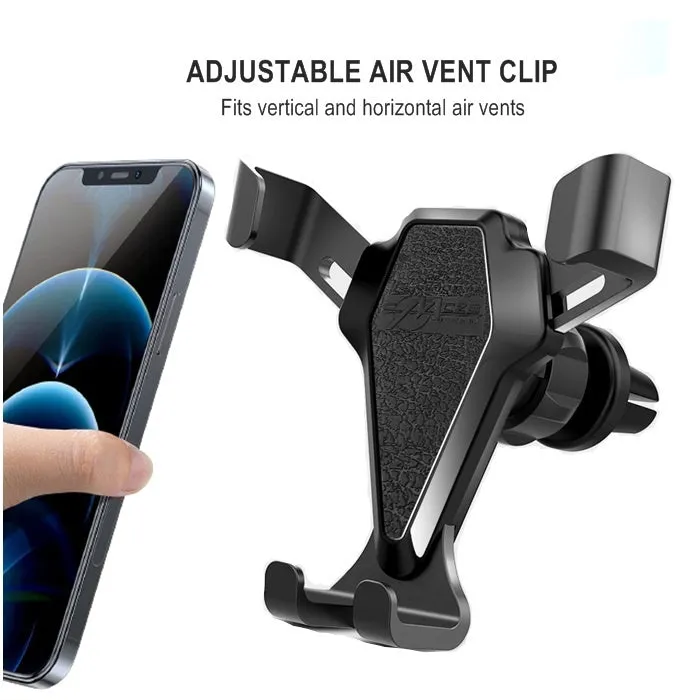 Universal smartphone car air vent mount in Elegant Black with silicone steel core and alloy structure, clipped to a vehicle air vent